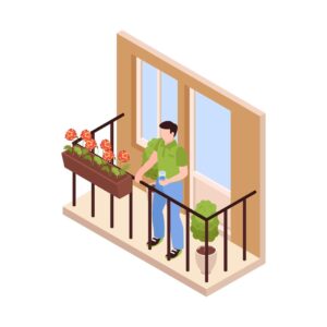 isometric man standing with glass water lovely balcony with flowers vector illustration 1284 67371